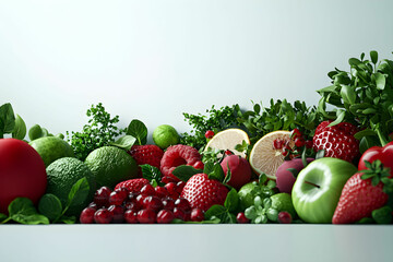 Fresh and Vibrant Display of Colorful Fruits and Vegetables Including Red Strawberries, Green Apples, Limes, and a Variety of Leafy Greens on a Soft Background