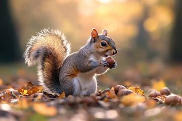 Obraz premium Playful squirrel collecting acorns