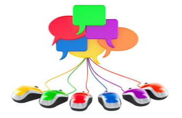 Colored speech bubbles connected with computer mouses, 3D rendering isolated on transparent background