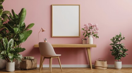 Fototapeta premium Design home interior of living room with stylish chair, wooden desk, plants, flowers, mock-up poster frame, and elegant accessories