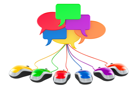 Colored speech bubbles connected with computer mouses, 3D rendering isolated on transparent background