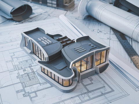 Planos de un complejo residencial futurista con modelos 3D 
