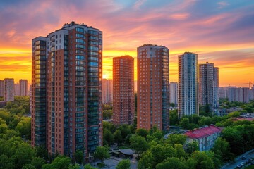 Fototapeta premium Modern residential buildings at sunset creating a stunning urban landscape