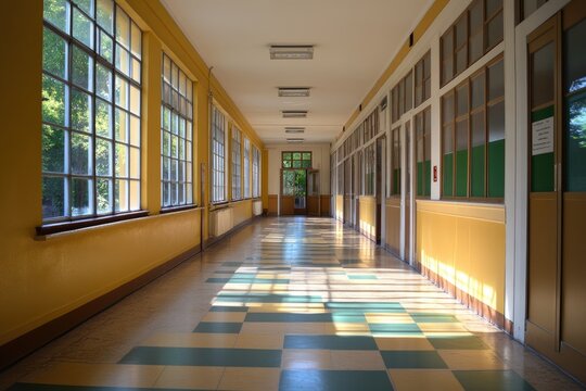 Empty school corridor with checkered floor and sunlight shining through windows