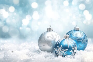 Blue Christmas Ornaments on a Light Blurred Background.