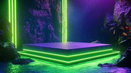 Futuristic neon-lit platform surrounded by rocks and foliage, set in a vibrant, otherworldly environment with green and purple lighting.