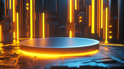 Futuristic sci-fi scene with a glowing circular platform in an illuminated technological environment. Perfect for tech and sci-fi themes.