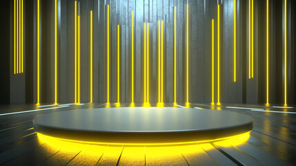 Futuristic stage with glowing yellow lights and sleek design, perfect for technology or entertainment events, offering a modern ambiance.