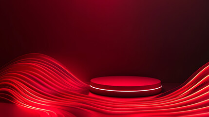 Vibrant red abstract background with illuminated curved lines and a spotlight platform, perfect for presentations and modern design projects.