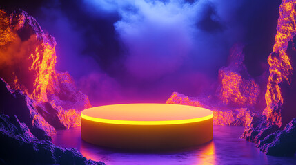 Vibrant neon circle in surreal landscape with dramatic lighting and colorful cliffs, creating a futuristic and mystical atmosphere.
