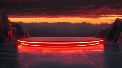 Vibrant red neon lights illuminate a futuristic platform against a dramatic orange sunset sky, creating a striking sci-fi scene.