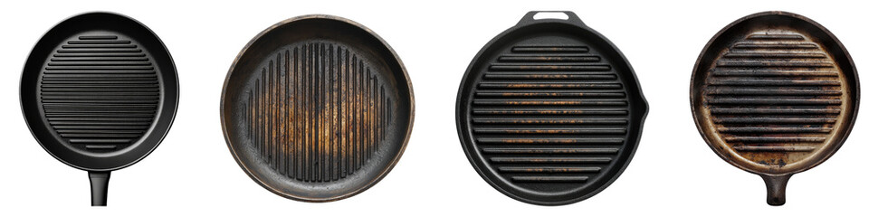 Grill pan isolated on transparent background, Set of