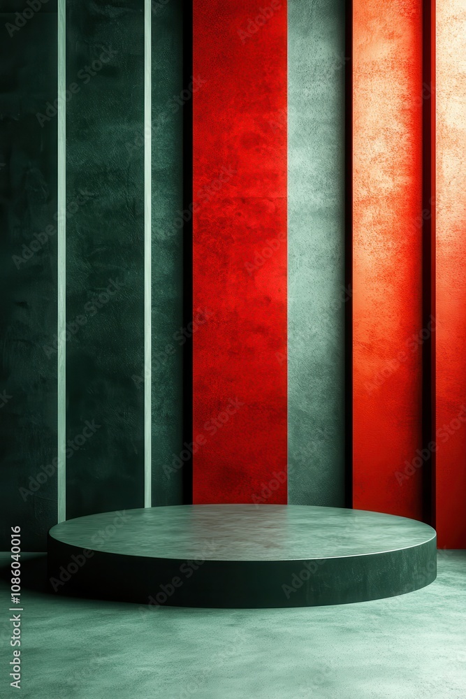Poster minimalist vertical green and red abstract background with round red podium