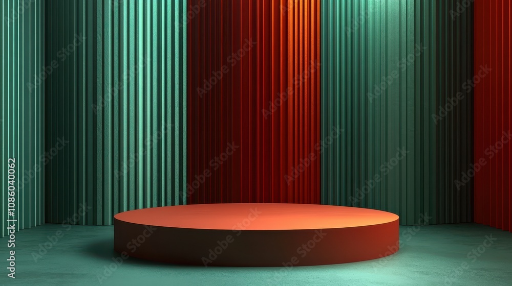 Poster minimalist green and red interior with vertical lines and central platform creating a modern geometr