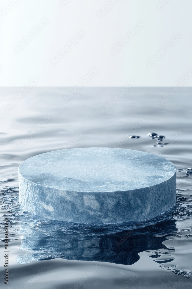 Poster minimalist stage design featuring a podium floating on calm water with splashing droplets