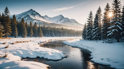 Winter mountain landscape. Winter scene background