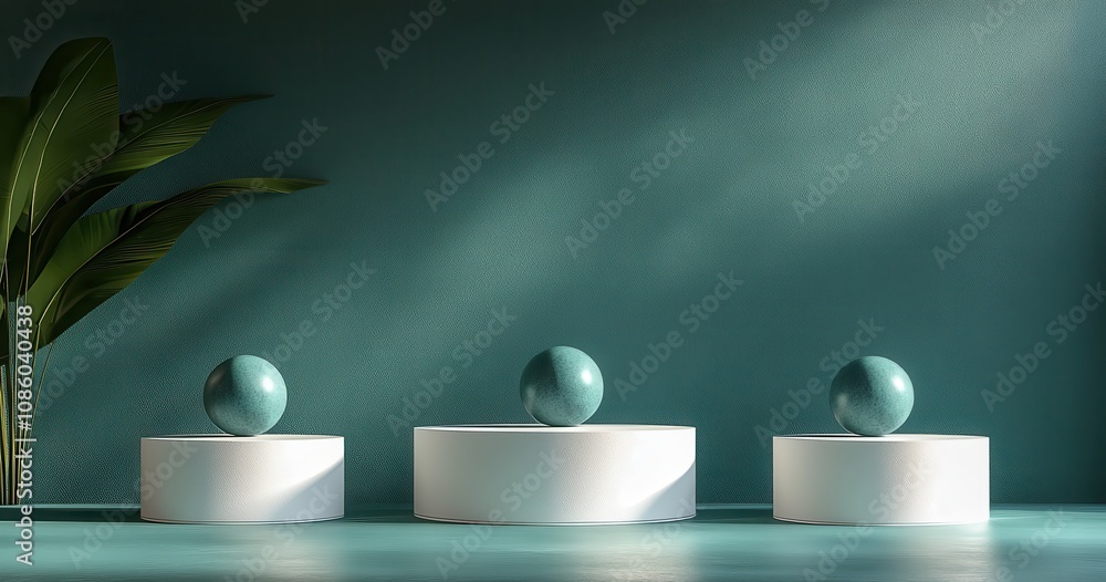 Aufkleber minimalist stage design with three white cylinders and teal sphere in modern geometric setting with 
