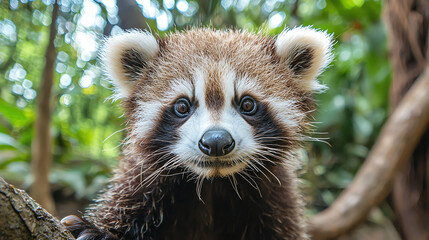 A unique panda with the face of a raccoon exploring its lush habitat during a sunny afternoon
