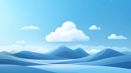 Minimalist landscape with mountains and clouds floating in the blue sky