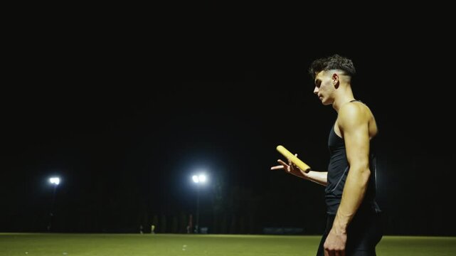 Male Athlete is playing with a relay race baton on the athletics race track Teamwork concept