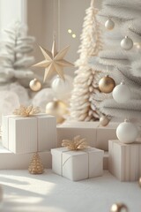 Elegant Christmas scene with delicate pink decorations and a cozy festive atmosphere