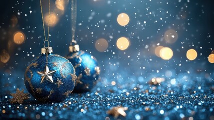 Christmas ornaments and snowflakes on a wooden table on a fuzzy background