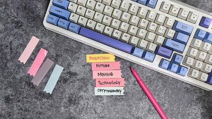 Concept of Blockchain write on sticky notes isolated on Wooden Table.