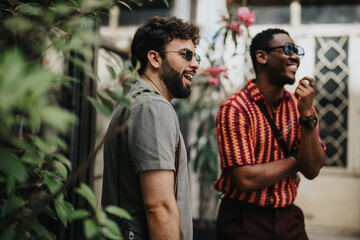 Two businesspeople are laughing and having a joyful conversation outdoors. The scene is relaxed and social, showcasing a friendly business relationship.