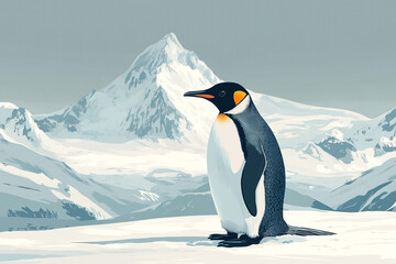 King Penguin Standing Majestically Before Snowy Mountains