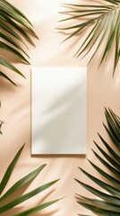 Blank canvas surrounded by green palm leaves creating a serene artistic atmosphere