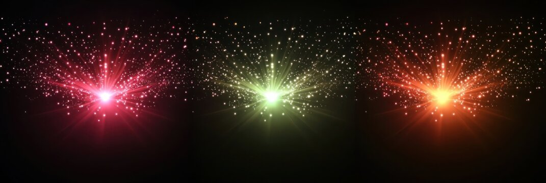 Set of three abstract glowing Christmas light bursts with gradients from neon maroon to neon chartreuse, softly illuminated on a black backdrop