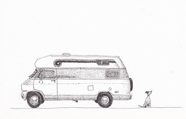 Pen and ink drawing of a retro campervan with a dog