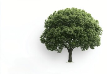 A large green tree stands alone on grassy ground against a light background in a tranquil setting