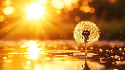 Golden sunset and dandelion, meditative zen background