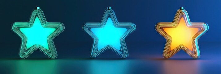 Obraz premium Set of three Christmas stars with gradient glows from neon teal to neon yellow, softly highlighted on a midnight blue background