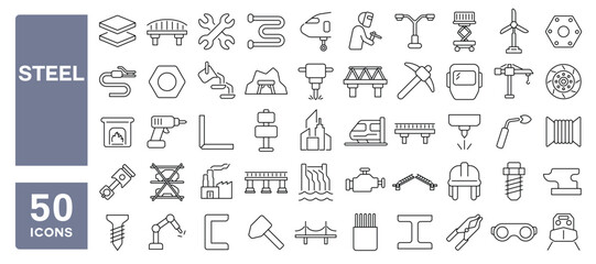 Set of 50 line icons related to steel, metal, iron, manufacturer, aluminum, weld, copper, pipe, bar, heavy, wire, Editable stroke. Vector illustration