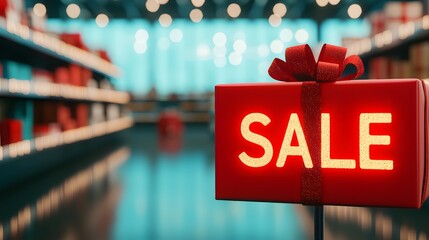 Bright Red Sale Sign with Bow in Retail Store Aisle Surrounded by Shelves Represents Shopping Discount Event and Consumer Engagement in Modern Marketplace
