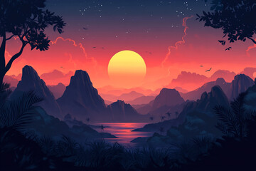 Tropical Sunset Landscape with Mountains and Calm Water