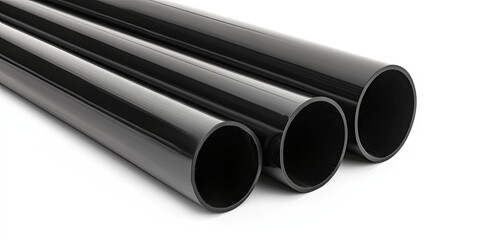 Black PVC Pipes Stacked on White Background