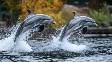 Obraz premium Two dolphins jumping out of the water together