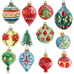 A watercolor of Christmas ornaments, isolated on a white background. Christmas ornaments vector.