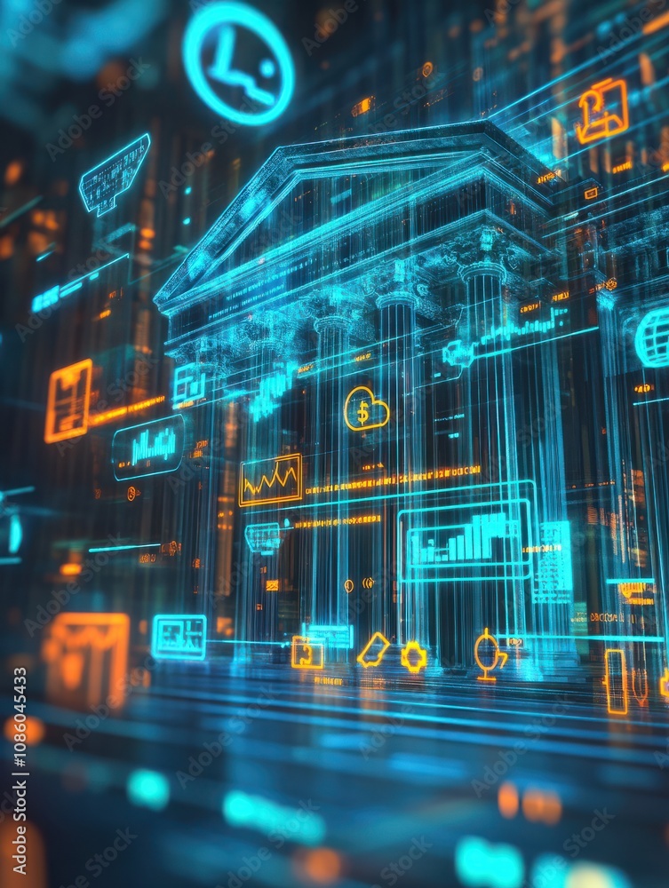 Poster creative glowing blue cloud computing and online banking hologram with various icons on blurry backg