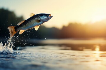 Fototapeta premium A fish leaps out of the water during sunset in a serene river setting