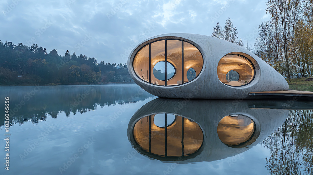 Poster modern pavilion with round windows by a serene lake during twilight, reflecting soft lights and surr