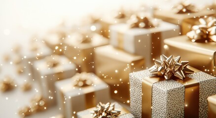 Luxurious golden and silver gift boxes with elegant ribbons on a white background for a festive and celebration concept