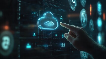 Fototapeta premium Data exchange and cloud service concept with man finger on digital touch screen with glowing virtual cloud sign and arrows in circles on dark background with copyspace. Mock up