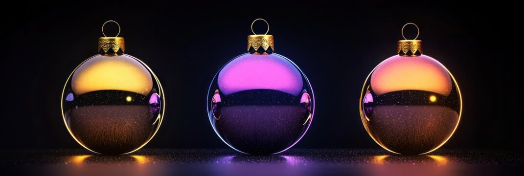 Set of three minimalist Christmas ornaments with gradient glows from neon lavender to neon gold, set against a black background with a halo effect