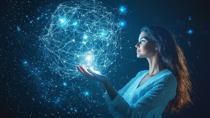 Metaverse technology concepts, woman holding global network connection, internet communication, wireless technology with polygonal shapes