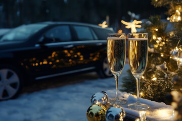 Celebratory champagne glasses in winter wonderland with luxury car background