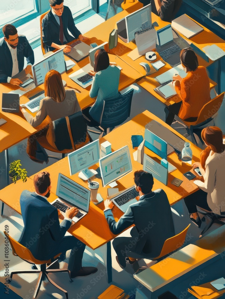 Poster diverse group of businesspeople working at computers around some tables inside of a modern office